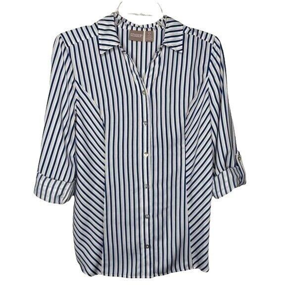 Chico's Wms Sz 0 Blue White Gold Striped Button Up Blouse Career Casual Roll Tab - Picture 2 of 11